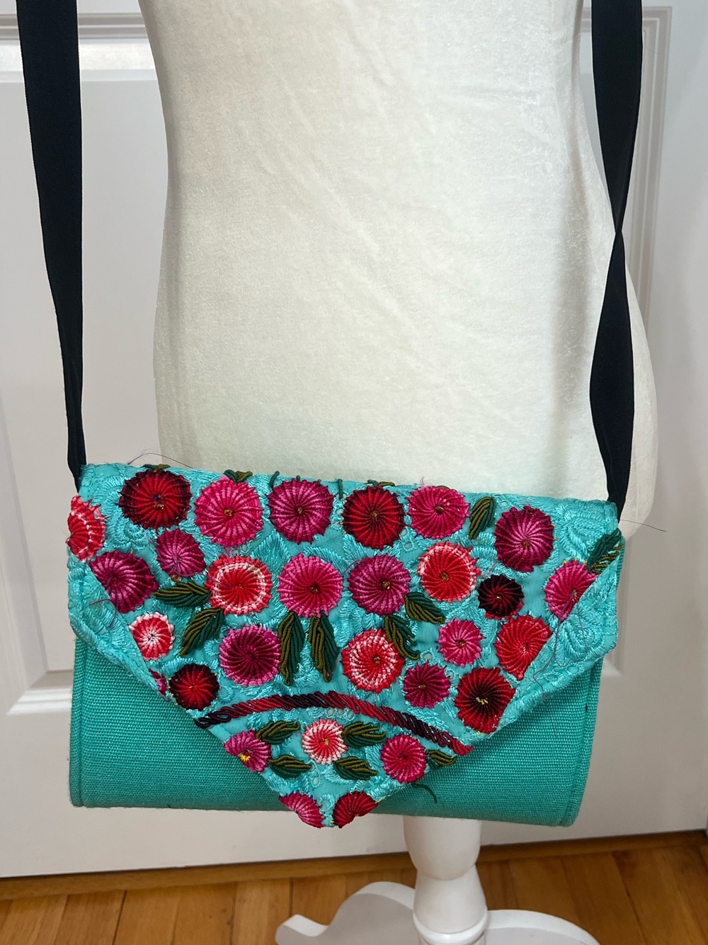 Embroidered Floral Turquoise Crossbody Bag